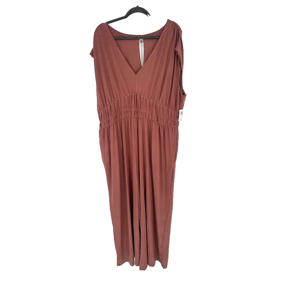 Old Navy Waist-Defined Wide-Leg Jumpsuit Size XXL Warm Taupe V Neck Cap Sleeve - Picture 2 of 13